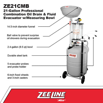 Zeeline ZE21CMB 21 Gallon Professional Grade Combination Oil Drain and Fluid Evacuator with Measuring Bowl | RepQuip Sales Inc.