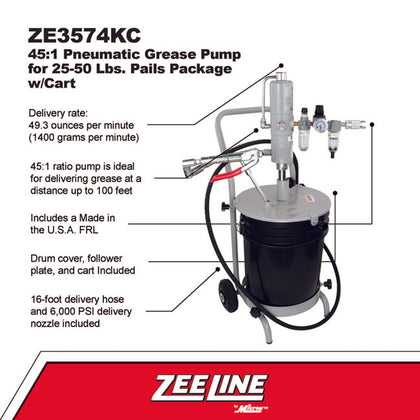 Zeeline by Milton ZE3574KC – 45:1 - Grease Pump For 25 50 lbs. Pails Package With Cart