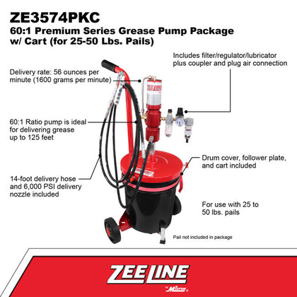 Zeeline by Milton ZE3574PKC – 60:1 - Premium Grease Pump For 25 50 lbs. Pails Package With Cart