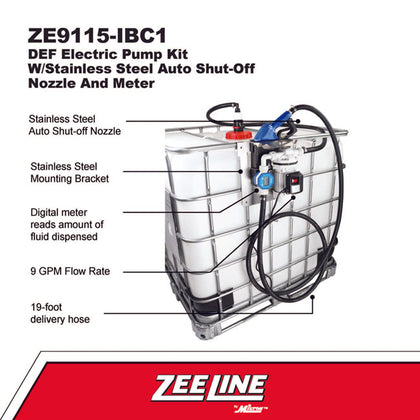 Zeeline ZE9115 IBC1 DEF Electric Pump Kit with Stainless Steel Auto Shut Off Nozzle and Meter | RepQuip Sales Inc.