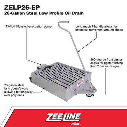 Zeeline ZELP26 EP 26 Gallon Steel Low Profile Oil Drain with Electric Pump | RepQuip Sales Inc.